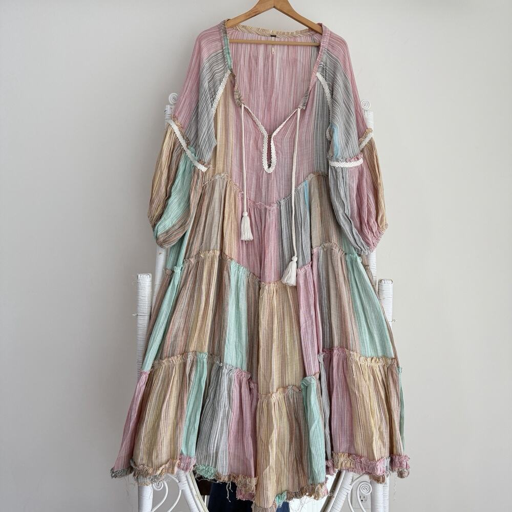 Free People In The Moment Dress Medium Patchwork Tiered Western Boho Angie Smith